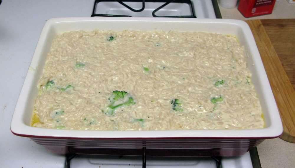 Cheesy Broccoli Rice Casserole Before Baking
