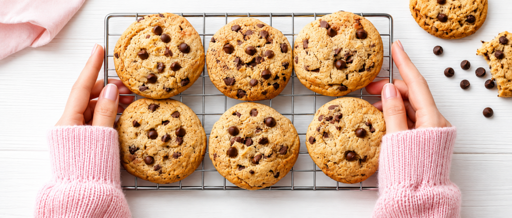 Stack of chewy chocolate chip cookies with melted chocolate chunks on a cooling rack