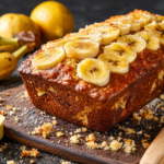 Sliced moist banana bread loaf made with 2 bananas on a wooden board