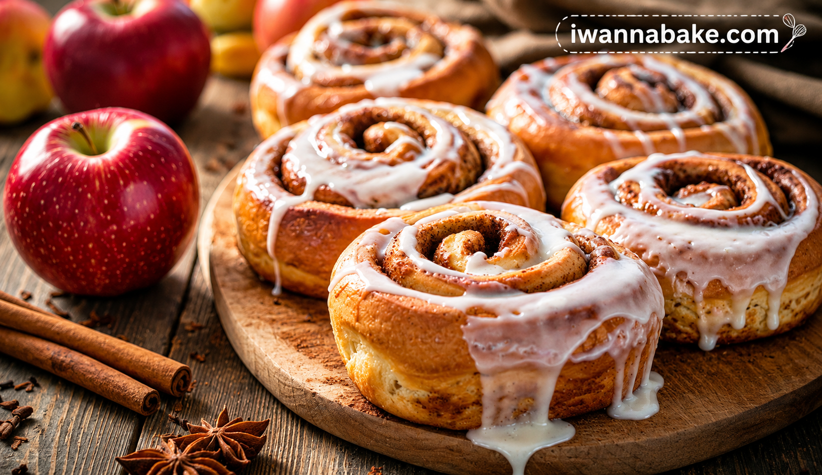 Small batch apple cinnamon rolls topped with cream cheese icing in a baking dish