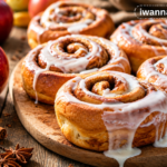Small batch apple cinnamon rolls topped with cream cheese icing in a baking dish
