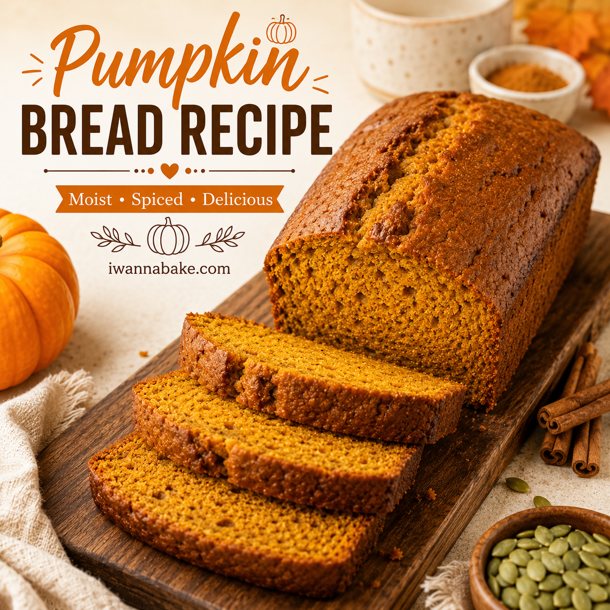 Close-up of a sliced small batch pumpkin bread loaf with cinnamon sticks and pumpkins in the background