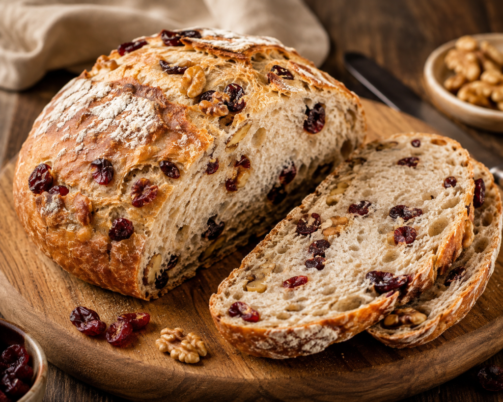 A crusty round loaf of no-knead cranberry walnut bread sliced open on a wooden board, showing a chewy crumb studded with cranberries and walnuts.