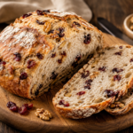 A crusty round loaf of no-knead cranberry walnut bread sliced open on a wooden board, showing a chewy crumb studded with cranberries and walnuts.