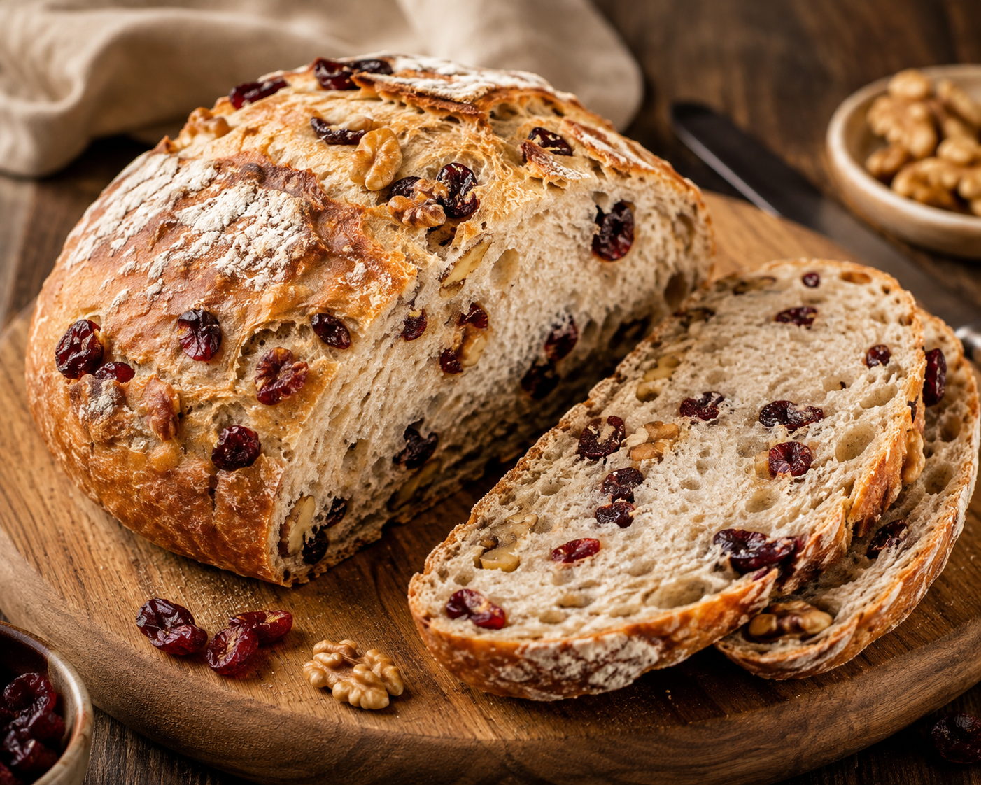 A crusty round loaf of no-knead cranberry walnut bread sliced open on a wooden board, showing a chewy crumb studded with cranberries and walnuts.