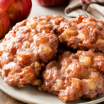 Glazed baked apple fritters cooling on a wire rack with a bowl of cinnamon apples in the background