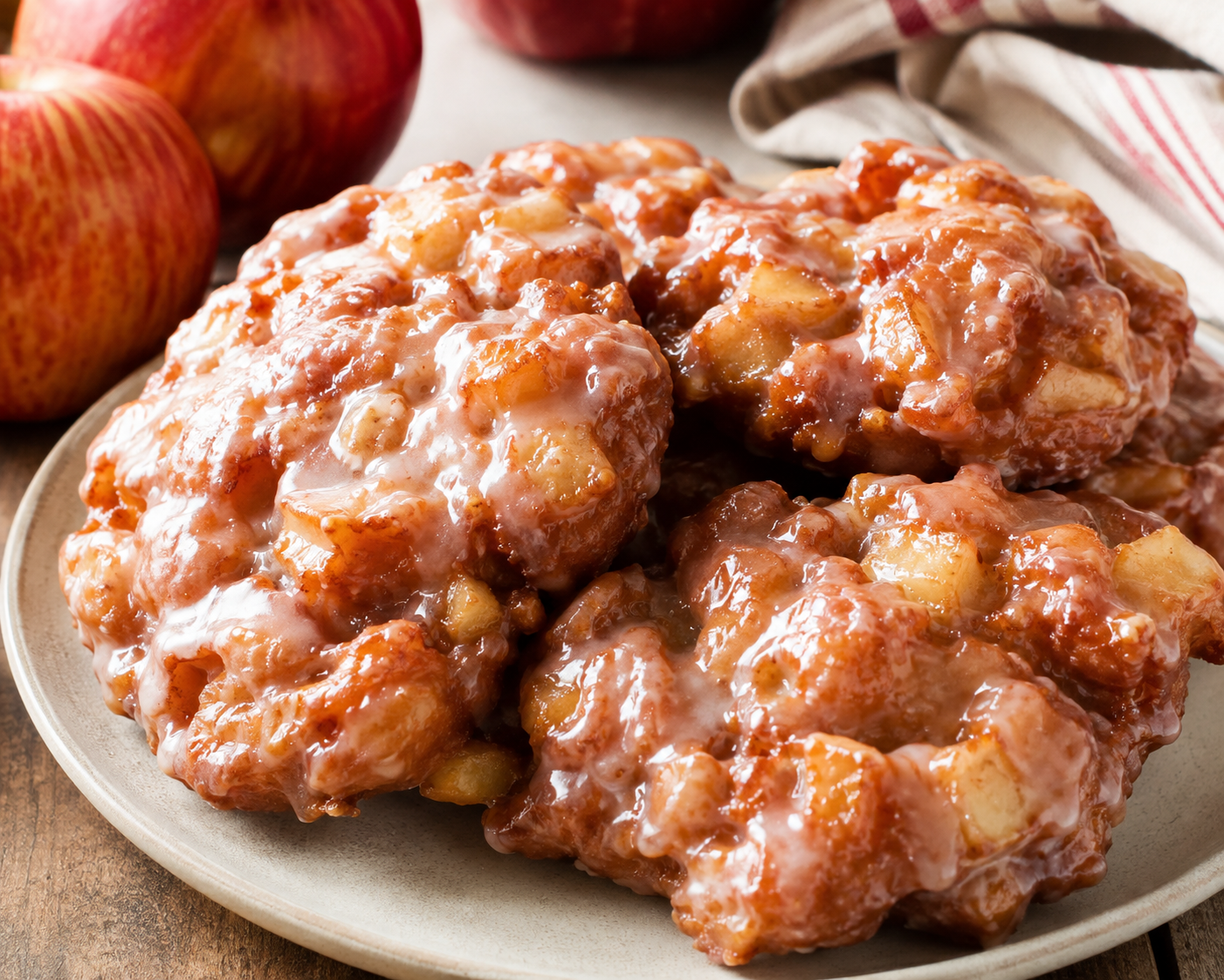 Glazed baked apple fritters cooling on a wire rack with a bowl of cinnamon apples in the background