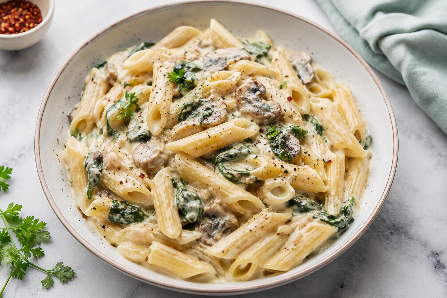 Bowl of creamy pasta without heavy cream topped with parmesan and cracked black pepper