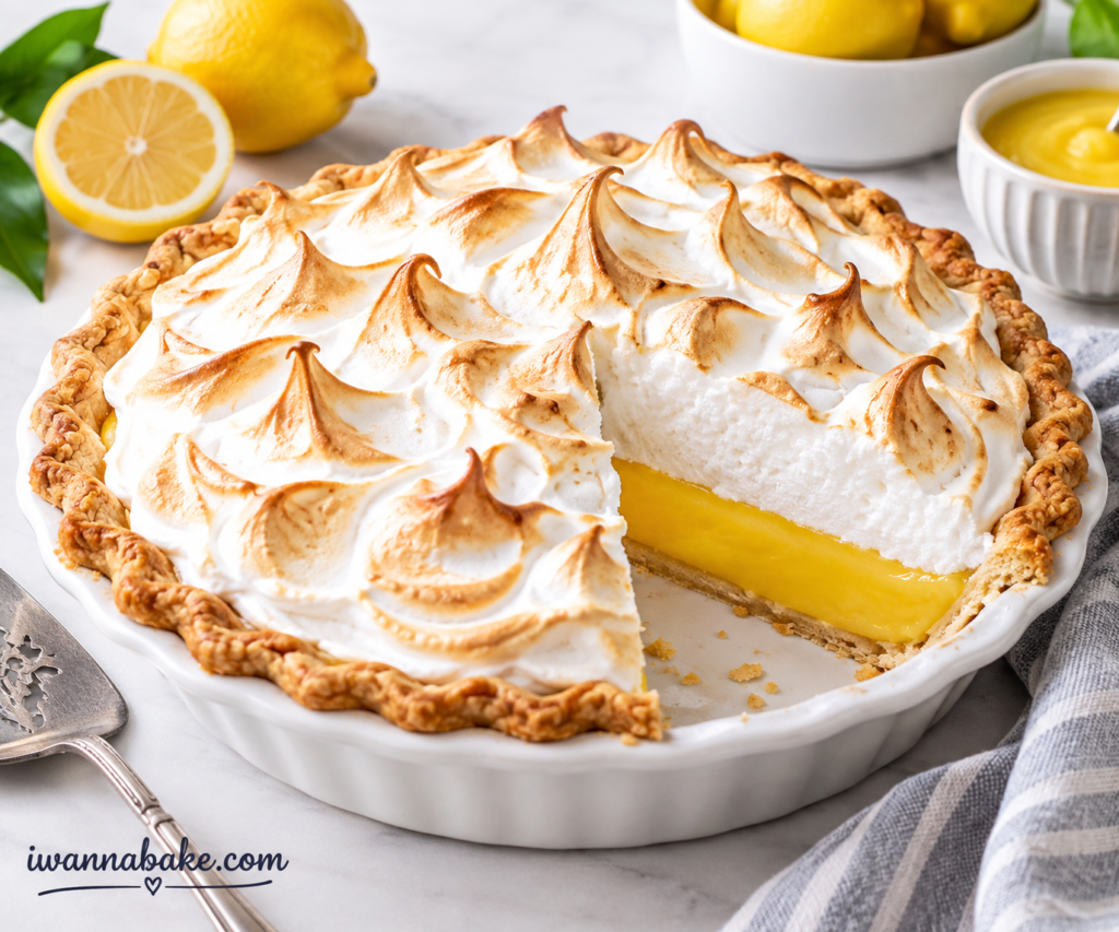 Slice of small lemon meringue pie with golden toasted meringue on a white plate