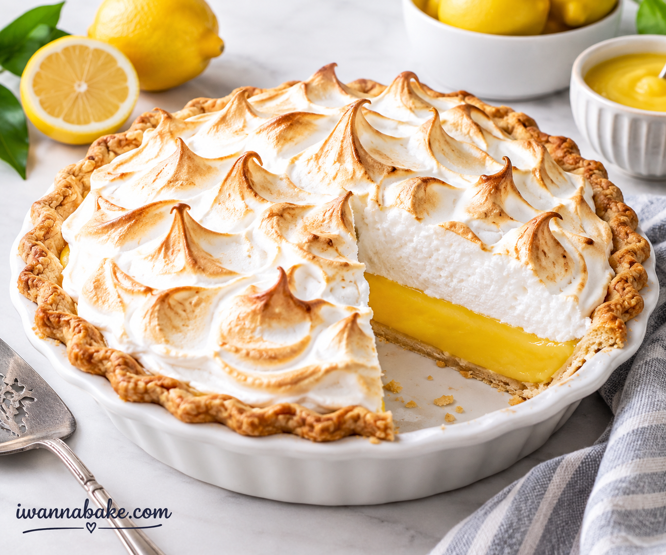 Slice of small lemon meringue pie with golden toasted meringue on a white plate