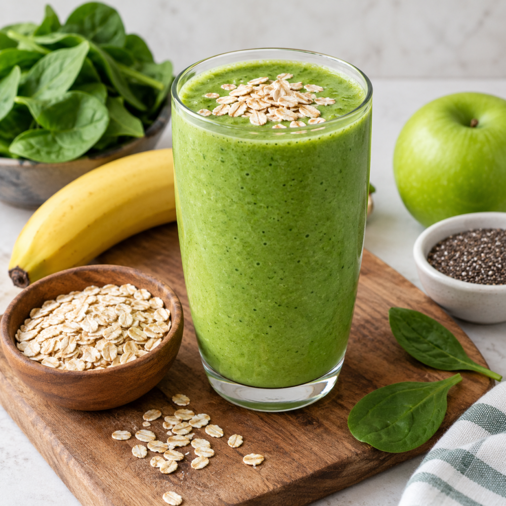 Creamy green smoothie with oats in a tall glass, topped with rolled oats and a banana slice