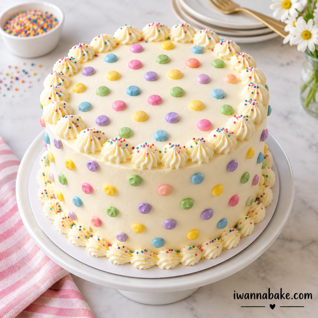 Dot cake recipe: vanilla cake round with buttercream and a crunchy rainbow nonpareil coating, one bite taken to show the soft crumb